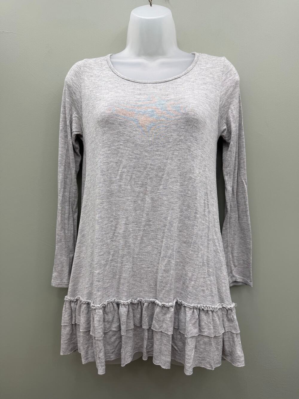 Easel Gray Layered Ruffle Hem Tunic Top Long Sleeve Boho Lagenlook